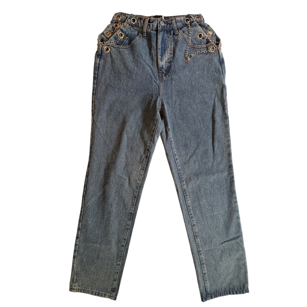 Boohoo Blue Straight Leg Jeans Womens Size 6 Blue Chain Detail Grommet High Rise